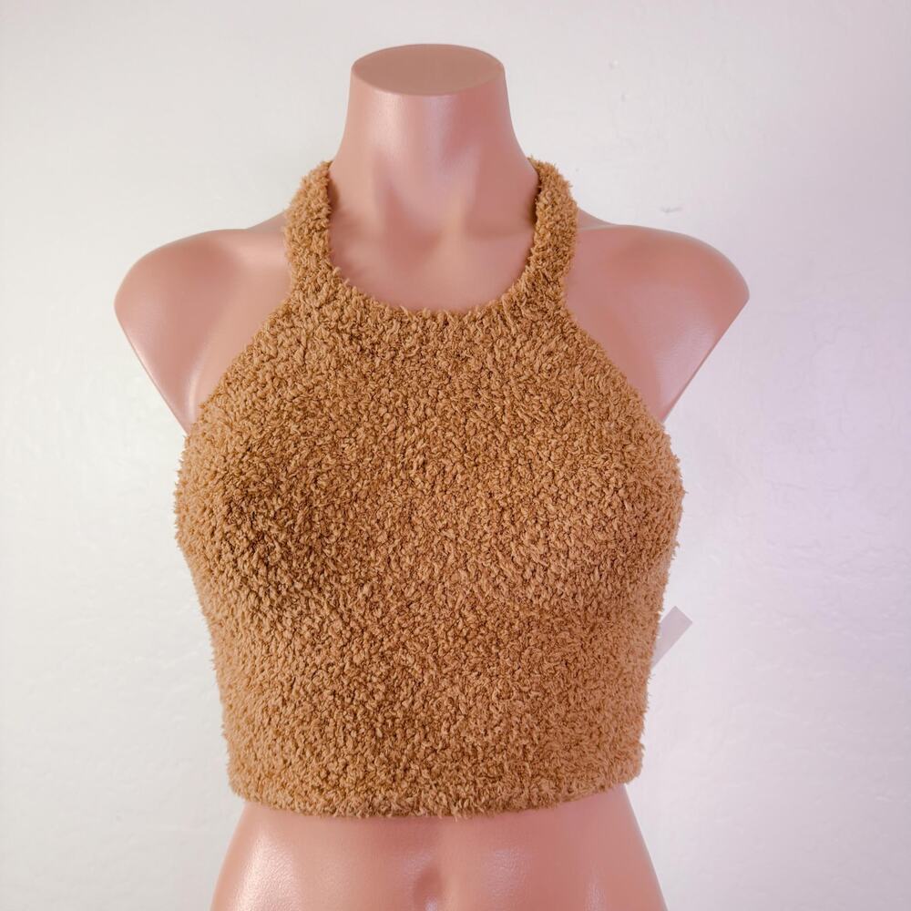 SKIMS Cozy Knit Teddy Tie Open Back Halter Bra Crop Top Camel Lounge Size L NEW